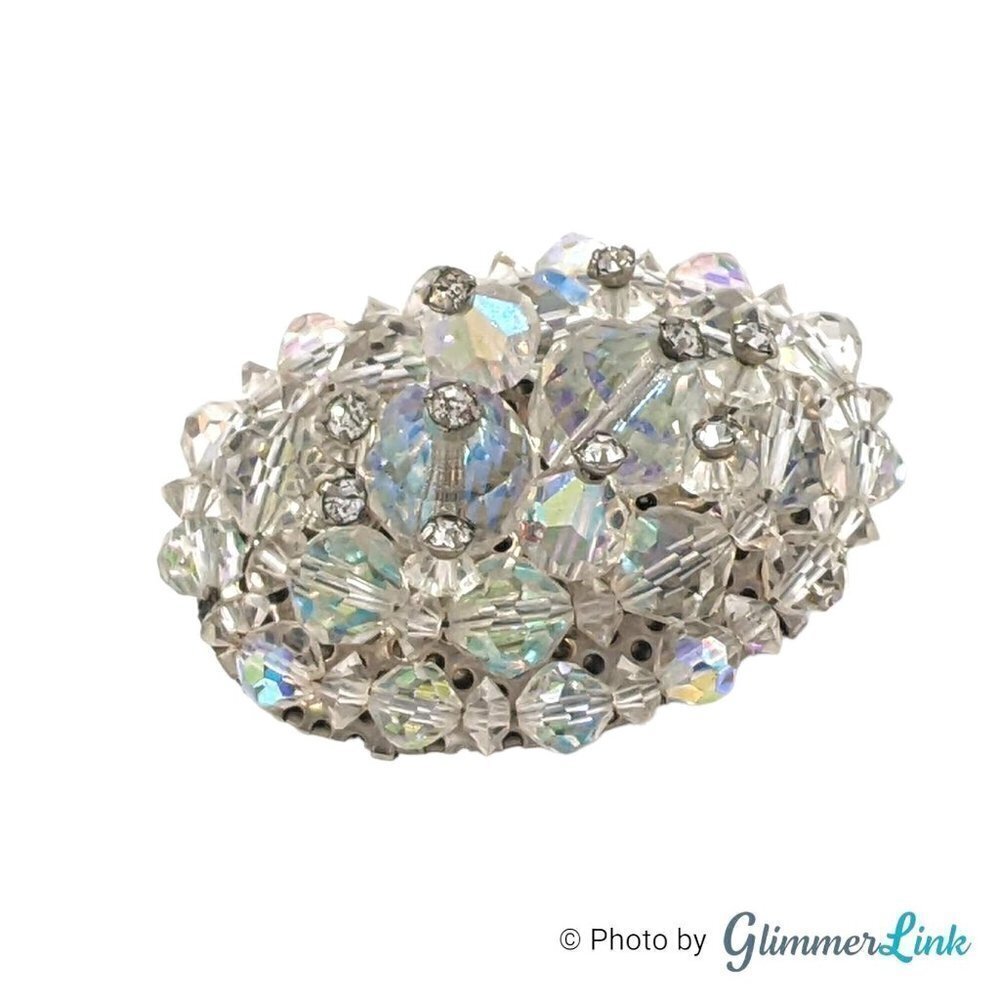 Vintage Aurora Borealis Clear AB Glass Beaded Cluster Oval Silver Tone Brooch